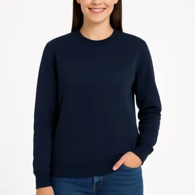Women's Navy 3-Thread Cotton Crew Neck Sweatshirt 3