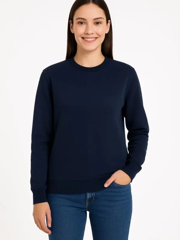 Women's Navy 3-Thread Cotton Crew Neck Sweatshirt 3