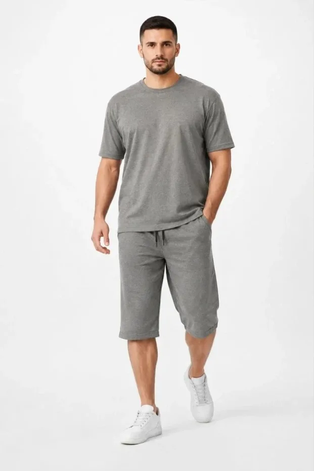 Bărbați Fum Guler Bicicletă Două Fire Țesătură Buzunar Tricou Sub Genunchi Șort Set 4