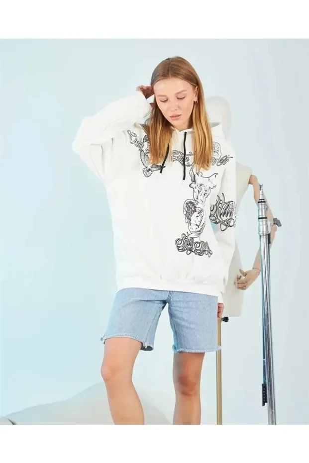 Ženska crna oversize kapuljača s printom, 3-nitni pamučni sweatshirt 1