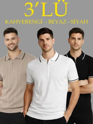 Mêrê Qehweyî Reş Spî Bi Fermuar Poloyê Qirikê Triko Tîşort 3'lî Set