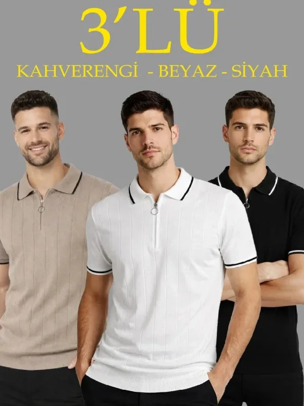 Mêrê Qehweyî Reş Spî Bi Fermuar Poloyê Qirikê Triko Tîşort 3'lî Set 1