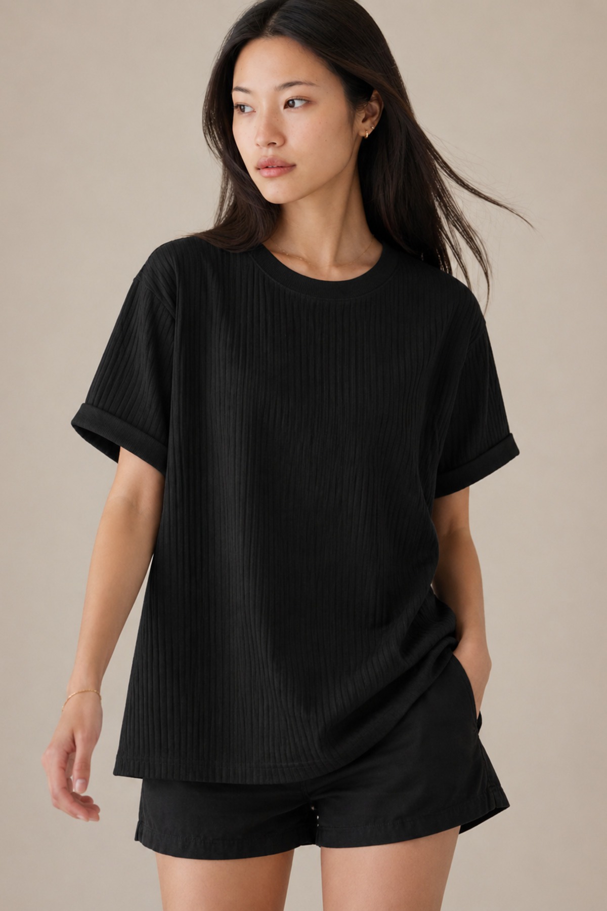 Μαύρο Ribbed Oversize Φαρδύ Βασικό T-Shirt 4