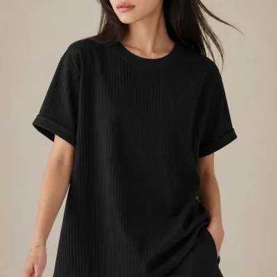 Black Ribbed Oversize Loose Fit Basic T-Shirt 4