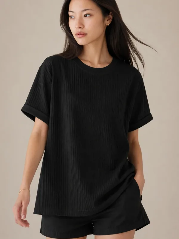 Black Ribbed Oversize Loose Fit Basic T-Shirt 4