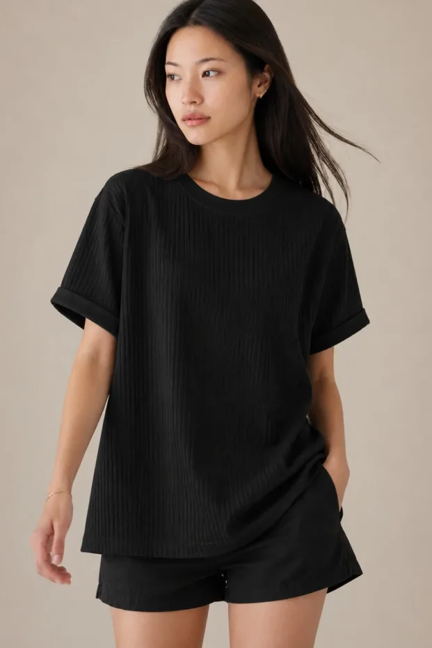 Fekete bordázott oversize bő szabású basic póló 4