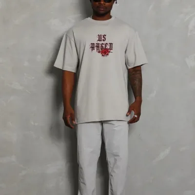 Bluzë për meshkuj gri Oversize me jakë biçiklete dhe printim 4