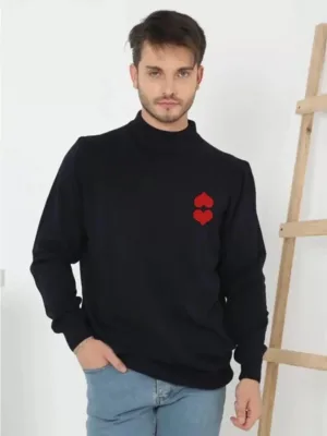 Men's Navy Mock Neck Printed Weave Knit Sweater
