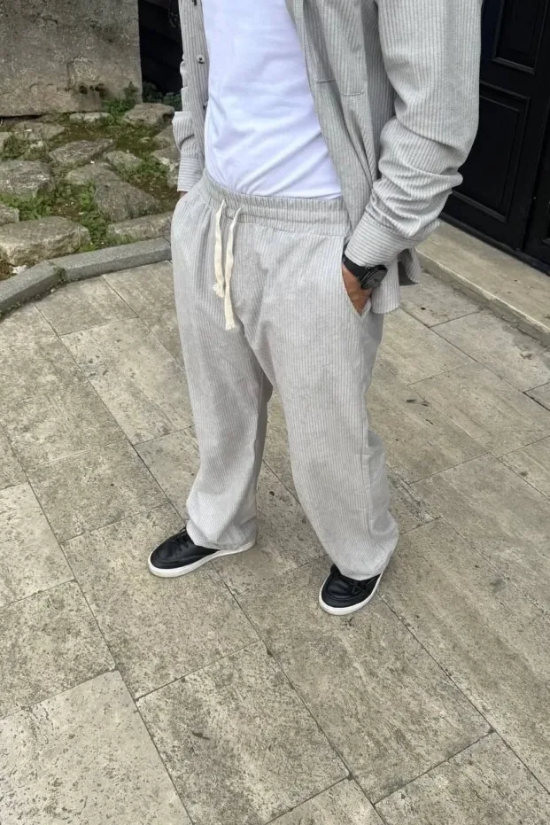 Erkek Gri Oversize Fitilli Kadife Cepli Buggy Pantolon 4