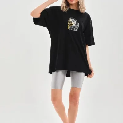 Ženski crni Oversize Bicikl izrez print Svakodnevna Majica 7