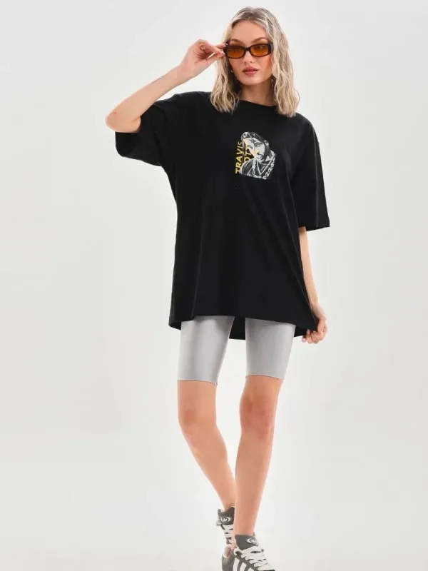 Ženski crni Oversize Bicikl izrez print Svakodnevna Majica 7