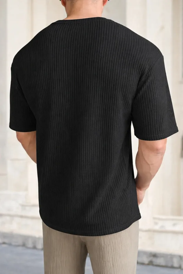 Siyah Oversize Fitilli Pamuk Bol Kesim Bisiklet Yaka T-Shirt 3