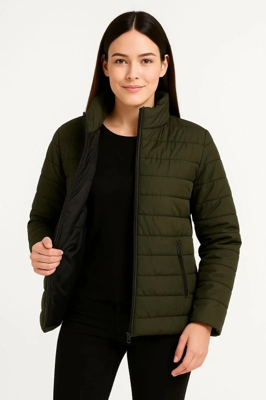 Dámská khaki voděodolná prošívaná bomber bunda s podšívkou a zipem