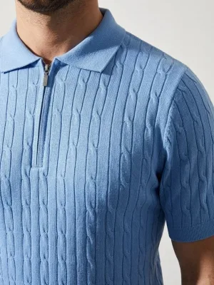 Pánské baby modré copánkový pletený krátký rukáv zip polo tričko