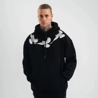 Muški crni oversize 3-nitni pamučni kapuljač s printom i džepovima, sweatshirt 1