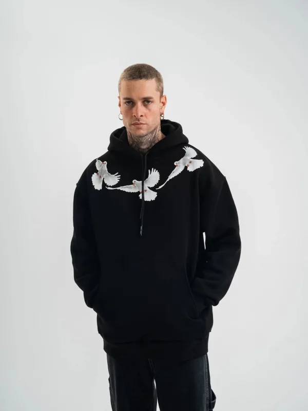 Muški crni oversize 3-nitni pamučni kapuljač s printom i džepovima, sweatshirt 1