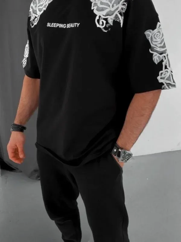Men's Black Oversize Cycling Neck Printed Summer T-Shirt