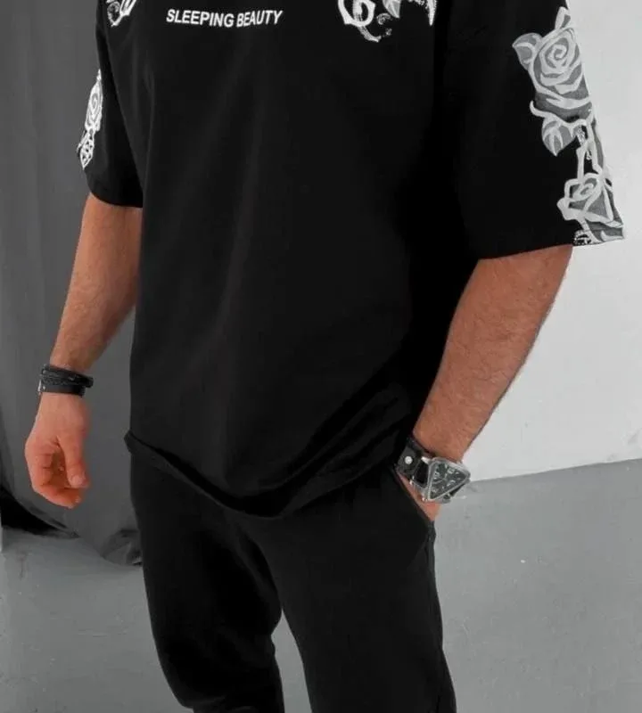 Bărbat Negru Oversize Guler Bicicletă Imprimat De Vară Tricou