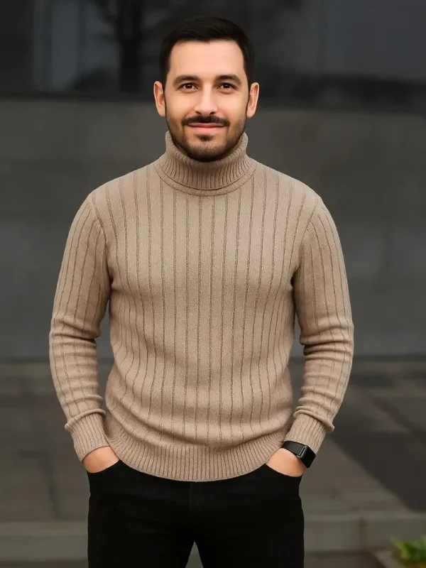 Męski Beżowy Gruby Prążkowany Golf Sweter 1