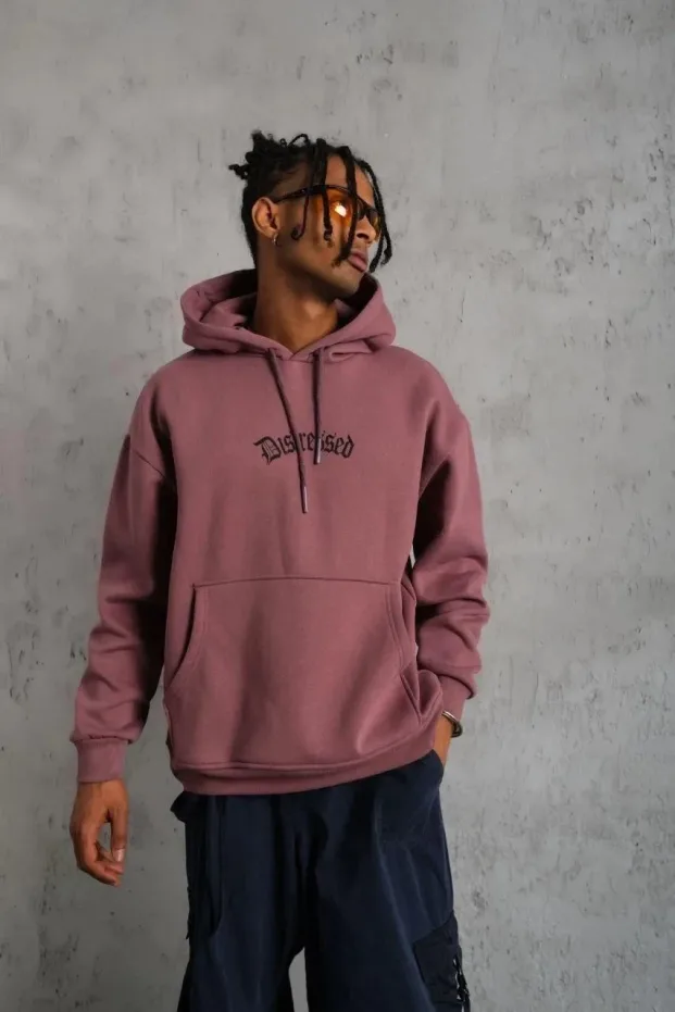 Erkek Gül Kurusu 3 İplik Pamuklu Kanguru Cepli Kapüşonlu Sweatshirt 2