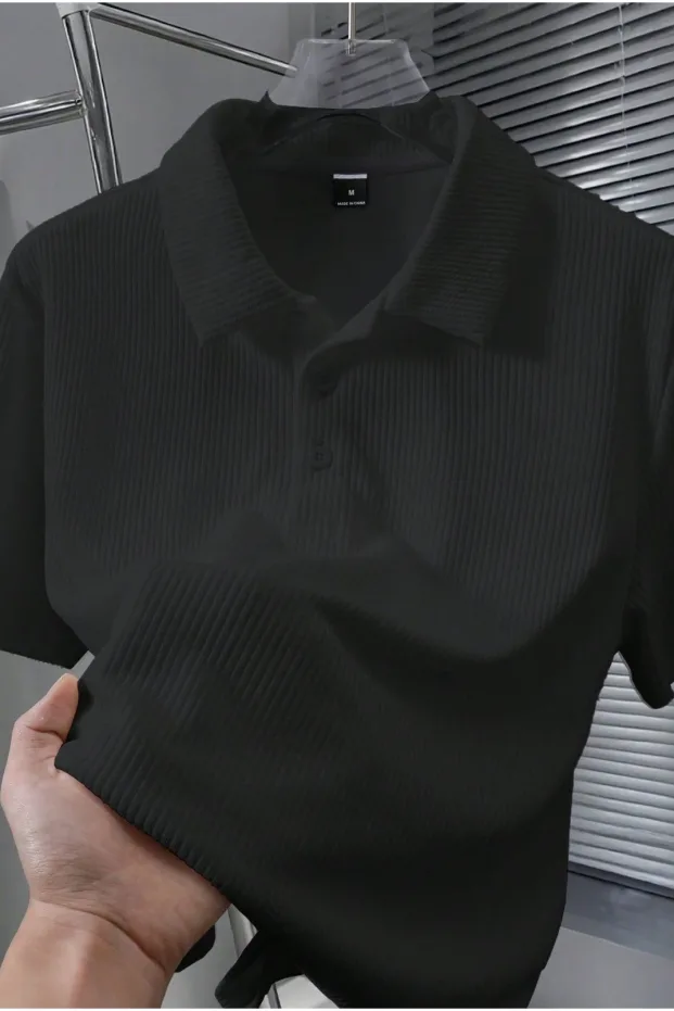 Erkek Siyah Oversize Bisiklet Yaka Fitilli Pamuklu Polo Tişört 1