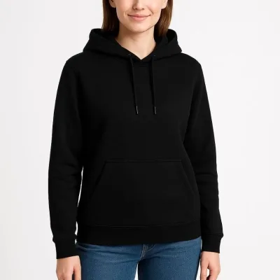 Women's Black 3-Thread Cotton Hooded Kangaroo Pocket Sweatshirt 5