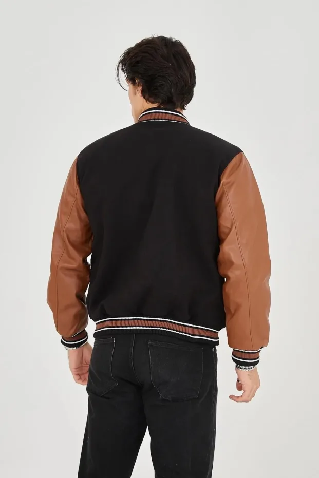 Jacket for Men, Brown, with Fiber Lining, Faux Leather Sleeves, Winter 4