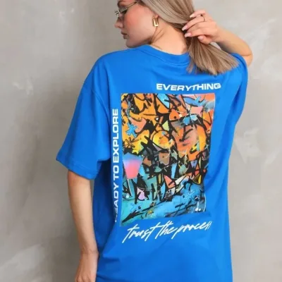 Женски Син Oversize Бициклета Јака Печатена Маица 6