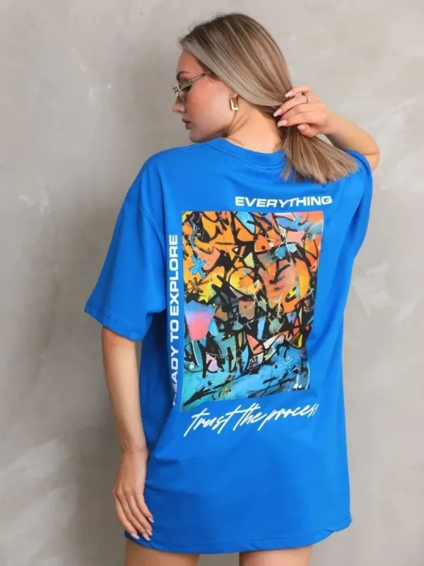 Женски Син Oversize Бициклета Јака Печатена Маица 6