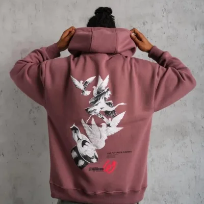 Pánské růžové oversized 3-nitní bavlněné kapucové potištěné mikiny 3
