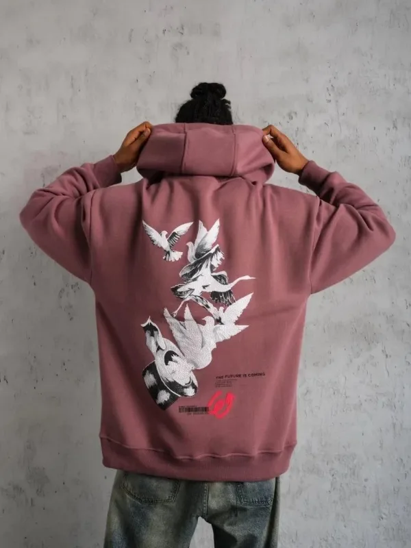 Pánské růžové oversized 3-nitní bavlněné kapucové potištěné mikiny 3