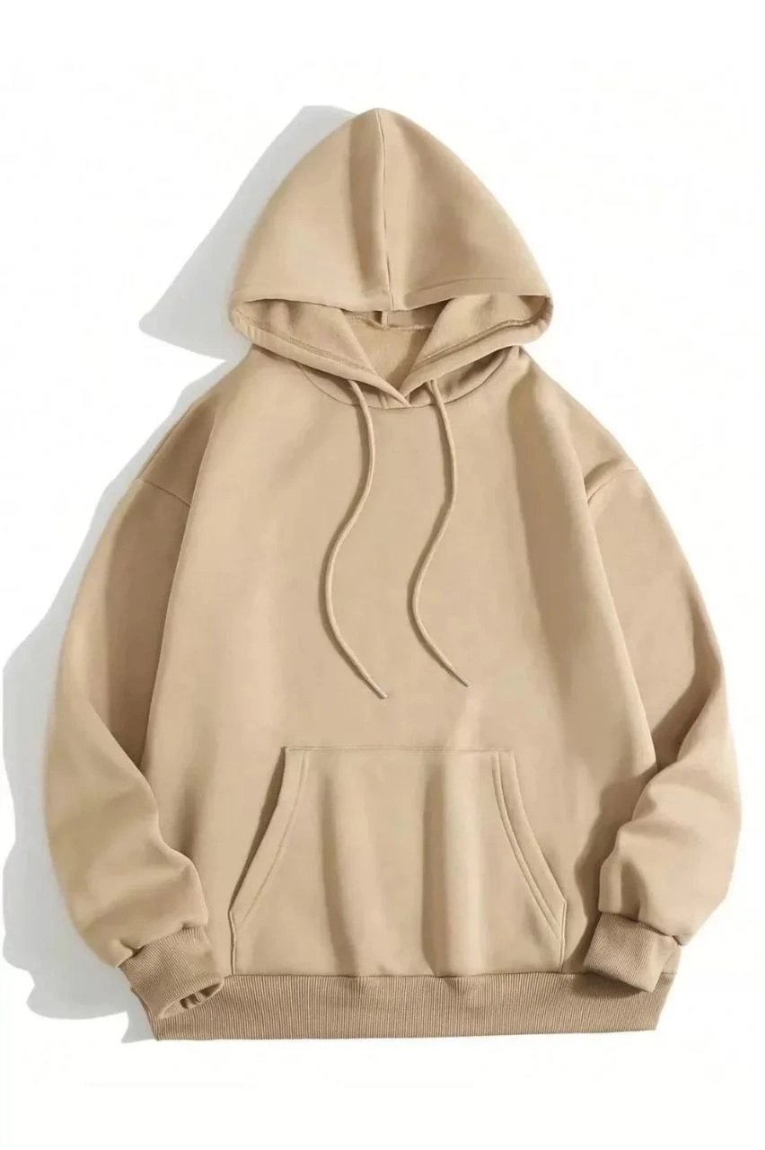 Kadın Bej 3 İplik Pamuklu Kapüşonlu Kanguru Cepli Düz Sweatshirt