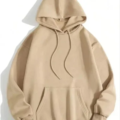 Damski Beżowy 3-nitkowy Bawełniany Kaptur Kieszeń Kangur Gładki Sweatshirt 1