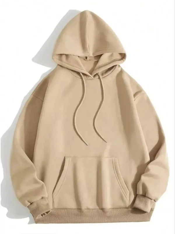 Damski Beżowy 3-nitkowy Bawełniany Kaptur Kieszeń Kangur Gładki Sweatshirt 1