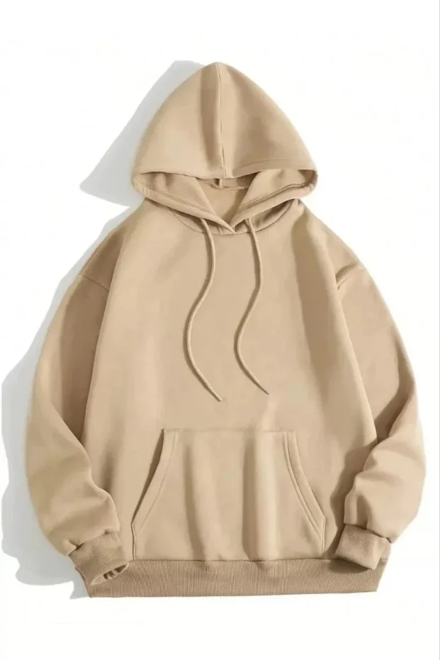 Sweatshirtê Jinan ê Bej, 3 Têl, Pembû, Bi Kapsûn, Bi Berîlkê Kangurû, Sade 1