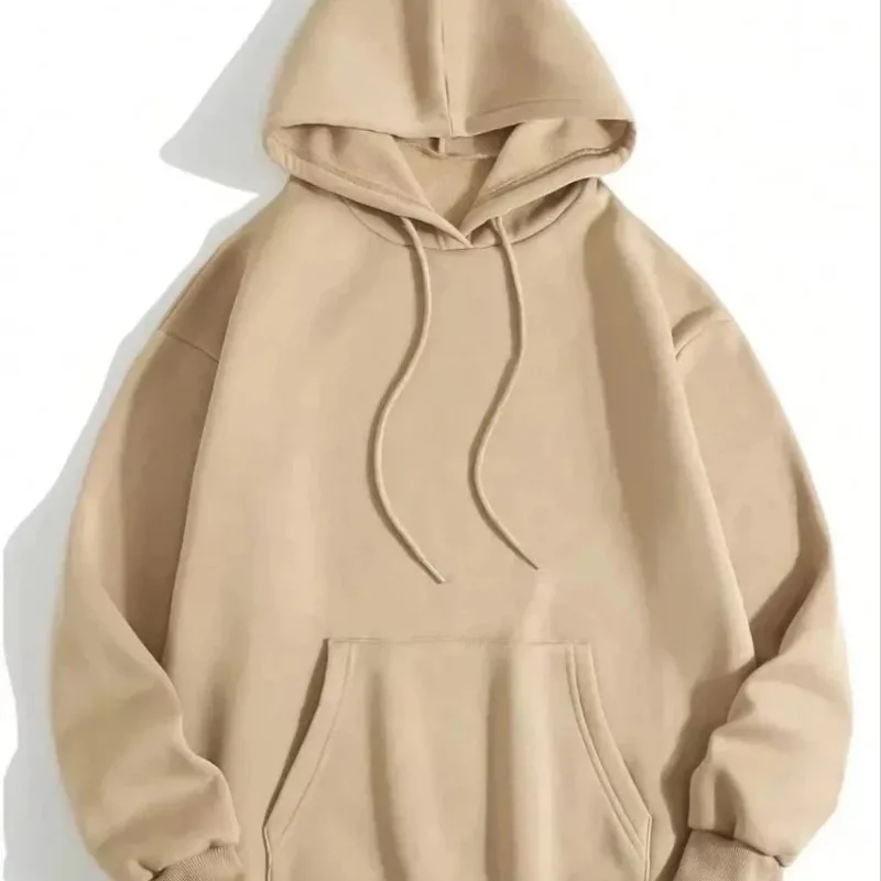 Damski Beżowy 3-nitkowy Bawełniany Kaptur Kieszeń Kangur Gładki Sweatshirt