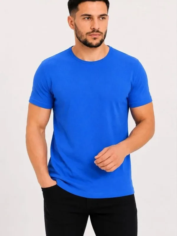 Erkek Saks Mavisi Slim Fit Bisiklet Yaka Baskılı Tişört