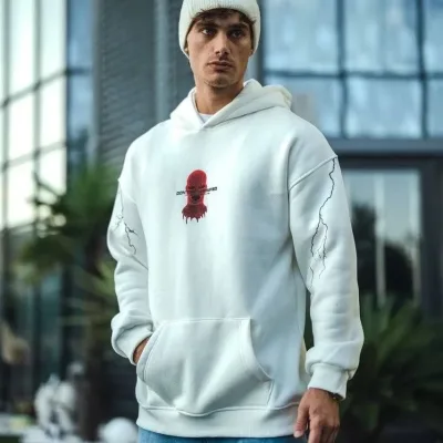 Men's White 3-Thread Cotton Hooded Printed Kangaroo Pocket Sweatshirt 3