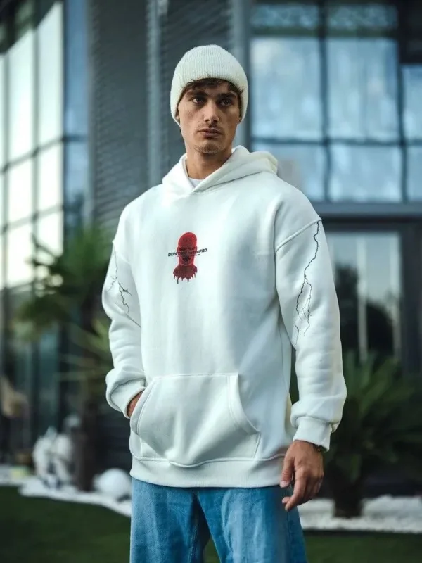 Men's White 3-Thread Cotton Hooded Printed Kangaroo Pocket Sweatshirt 3