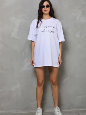Bluzë Femrash e Bardhë Oversize me Jakë Biçiklete dhe Print me Mëngë të Shkurtra