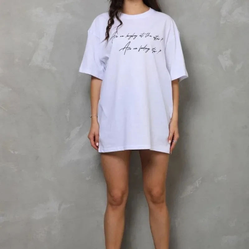 Femeie Tricou Alb Oversize Gât Bicicletă Imprimat Mânecă Scurtă