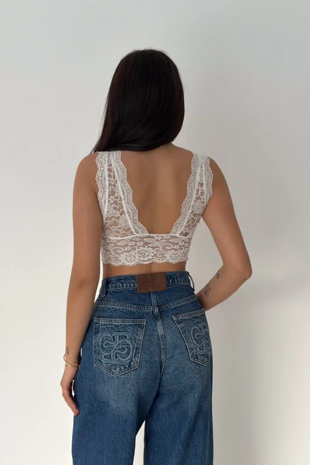 Kadın Beyaz Dantel Bralet Crop Sütyen V Yaka Askılı 2