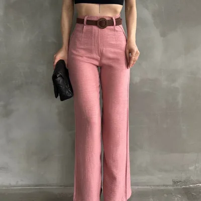 Lanene pantalone sa kaišem na struku, puder 5