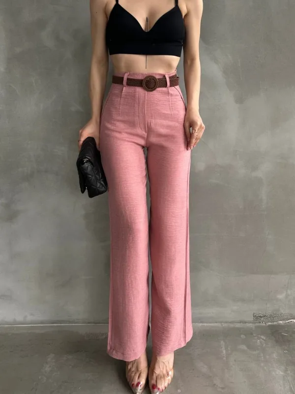 Lanene pantalone sa kaišem na struku, puder 5