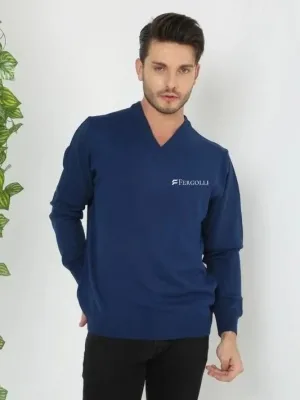 Muški indigo V-izrez štampani pleteni džemper
