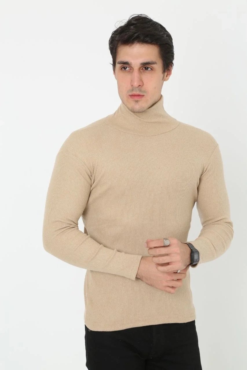 Erkek Bej Slim Fit Likralı Boğazlı Fitilli Body
