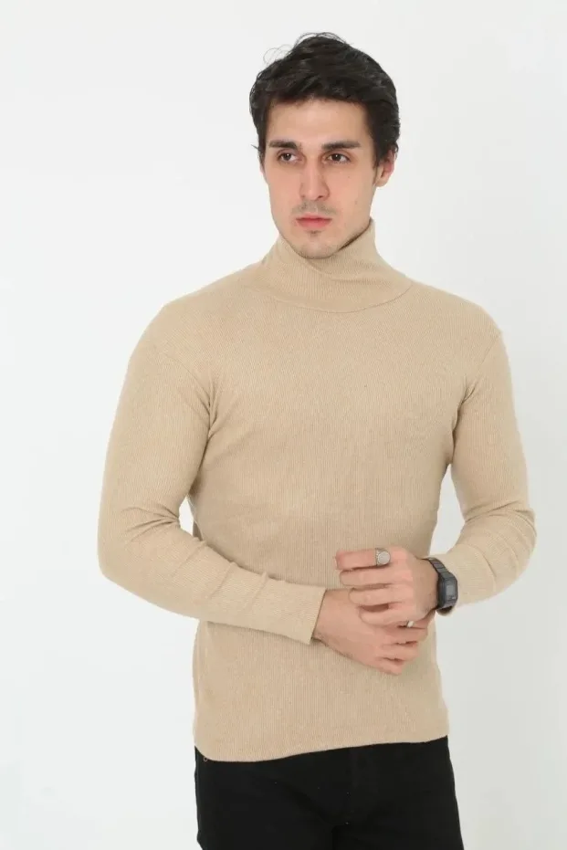 Erkek Bej Slim Fitilli Likralı Boğazlı Body 1