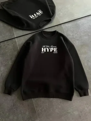 Damski Czarny Oversize 3-nitkowy Bawełniany Okrągły Dekolt Nadruk Sweatshirt