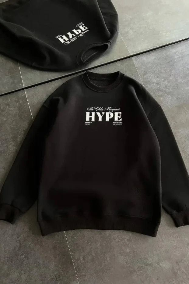 Γυναικείο Μαύρο Oversize 3-κλωνο Βαμβακερό Φούτερ με Στρογγυλή Λαιμόκοψη, Print 1