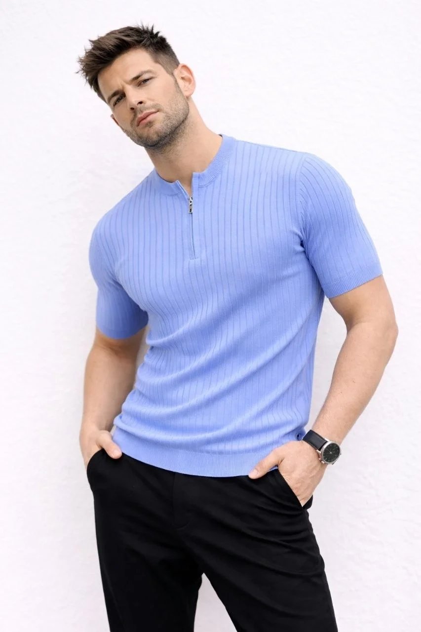 Men's Baby Blue Ribbed Mandarin Collar Short Sleeve Knit T-Shirt